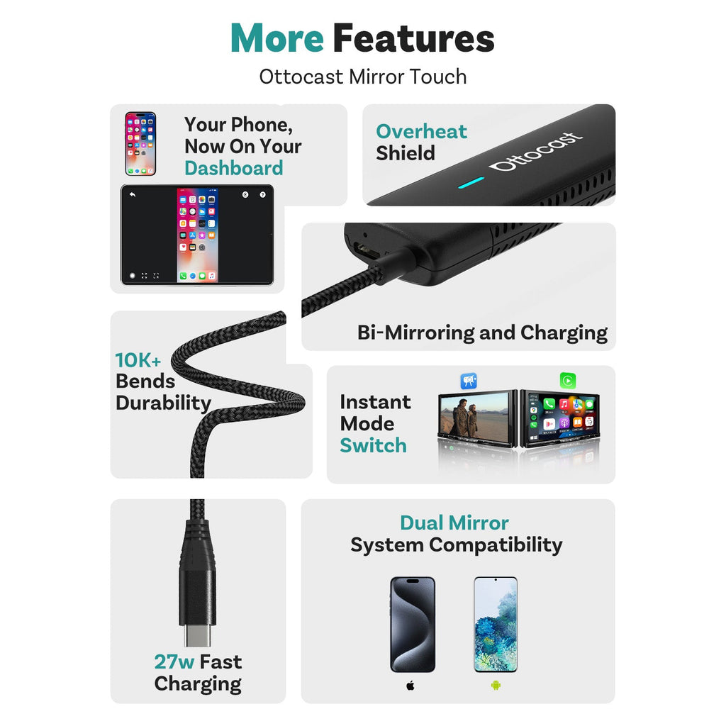 (🎉Summer Sale 40% OFF) Ottocast® Mirror Touch |Screen Mirroring+Bi-Directional Control+Wireless CarPlay