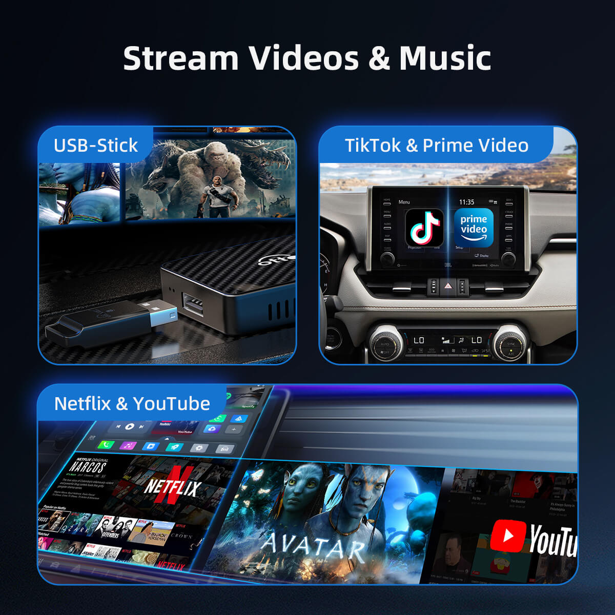 OTTOCAST® Play2Video Pro | Netflix, YouTube, Prime Video & Wireless CarPlay Android Auto